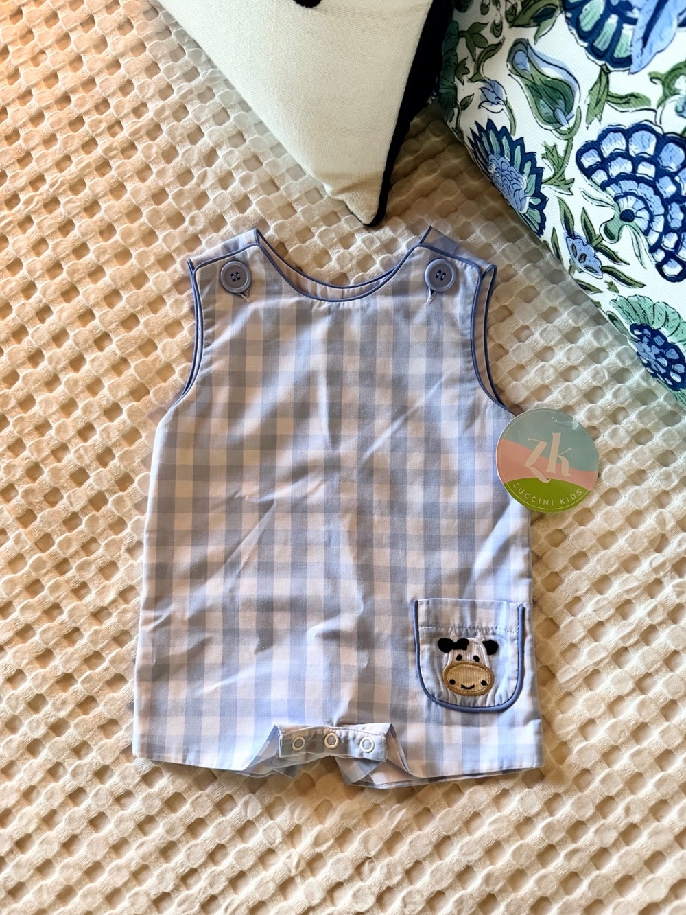 Zucchini Kids Farm Ashton Shortall Gingham Baby Romper with Cow / Horse 9M